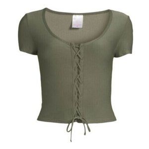 No Boundaries Juniors Lace-Up Top Green short sleeve Size XXL (19) Scoop Neck